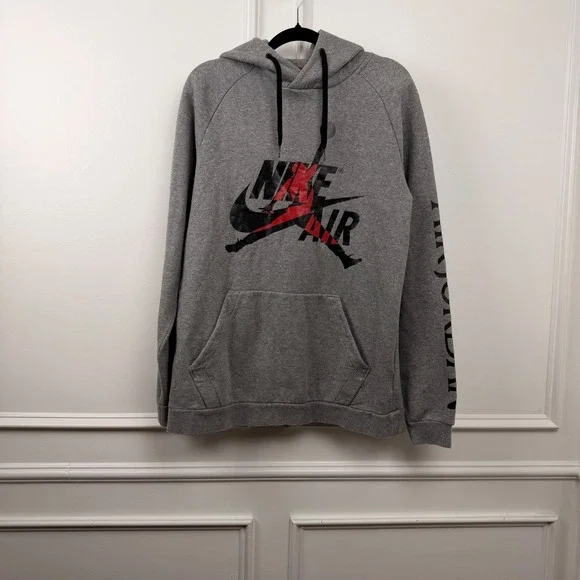 Jordan Jumpman Nike‎ Air Pullover Hoodie Mens Medium Gray Red Graphic Fleece