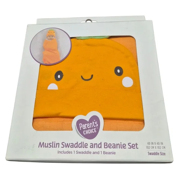Swaddle and Beanie Set Orange Muslin 100 Cotton 40