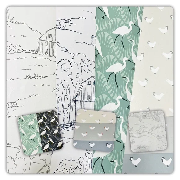 10 Fun Scenic Farm & Bird Wallpaper Sheets Bundle-Rooster, Heron- Assorted Sizes