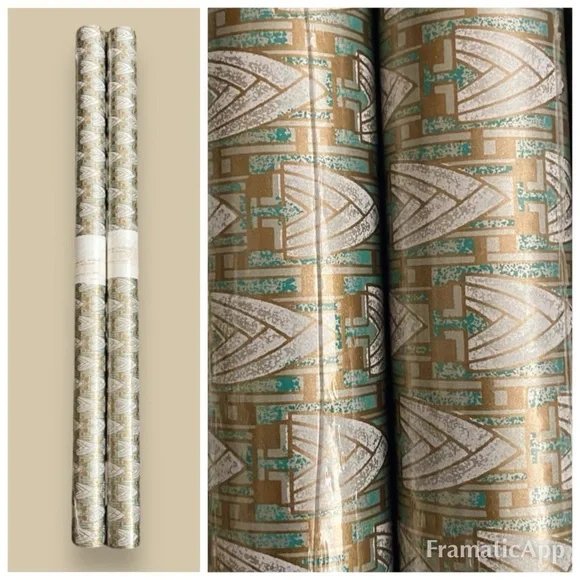 NOS NEW 2 Rolls Wallpaper Art Deco Aqua & Gold DOUBLE ROLLS