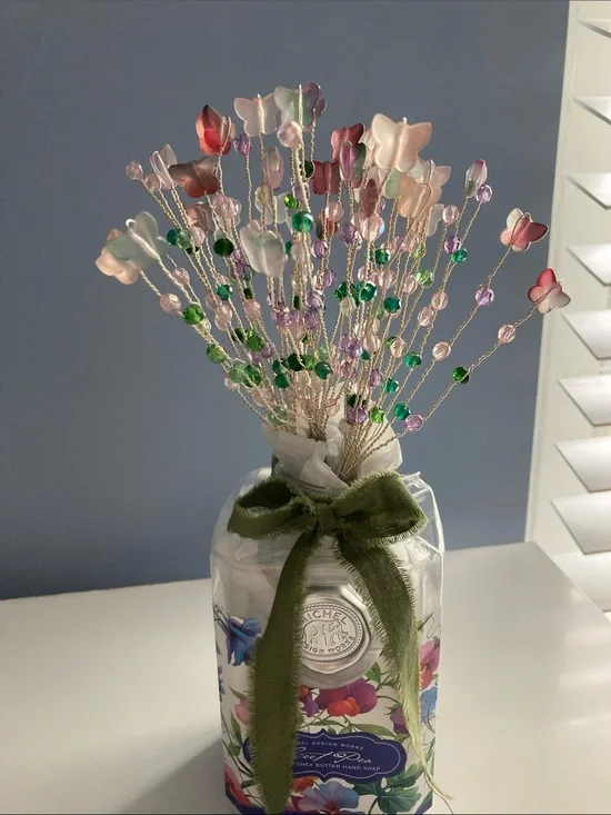 HANDMADE BUTTERFLY BOUQUET W VASE PURPLE PINK GREEN SILVER WIRE WRAPPED FLORAL
