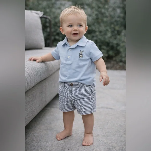 Janie and Jack Light Blue Polo Shirt and Striped Shorts Set