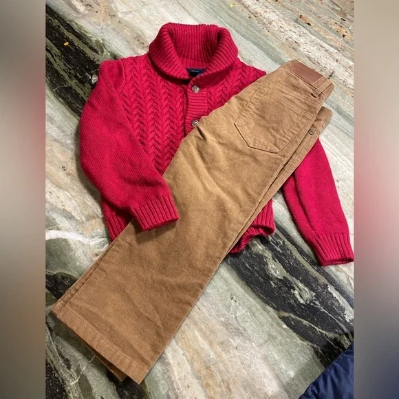 JANIE & JACK RED CARDIGAN SWEATER AND BROWN Corduroy Pants - size 3