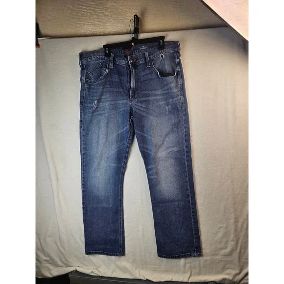 Rock & Republic Mens Straight Leg Jeans Blue Medium Wash Distressed 38x32