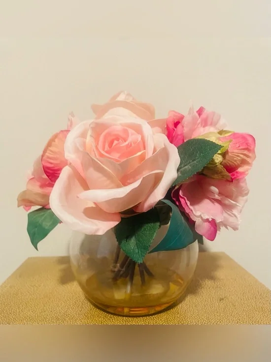 Blush Pink Faux Rose Arrangement in Amber Glass Vase | Boho Coastal Vanity Decor