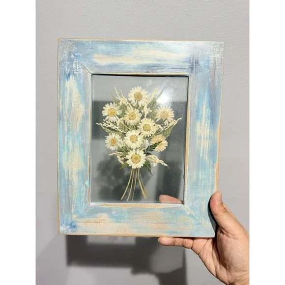 Vintage Pressed Daisy Bouquet Floating Double Glass‎ Blue Wood Frame