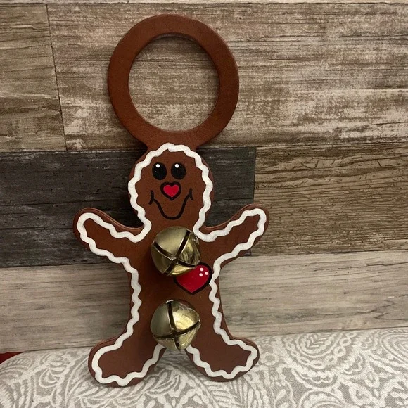 Christmas Gingerbread Man Leather‎ Door Hanger Bells Holiday Decoration