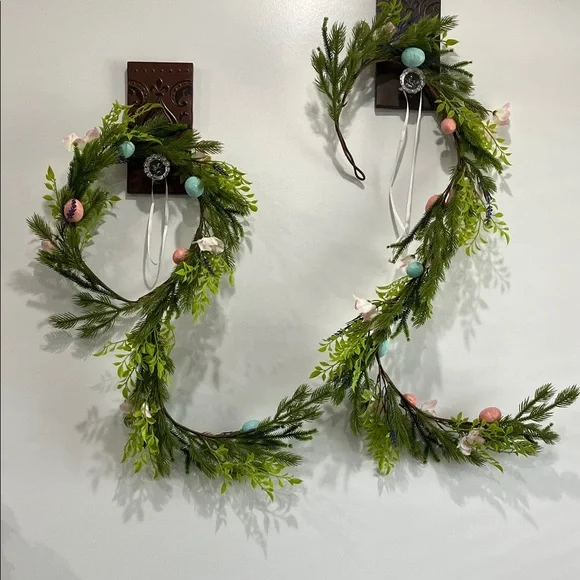 Two Decorative Easter Spring Greenery Garlands with Pastel Pink and Blue Accents