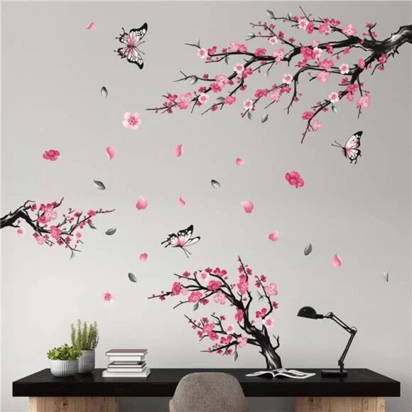 Pink Cherry Blossom Wall Stickers Tree Branch Floral Decals Living Room Bedroom