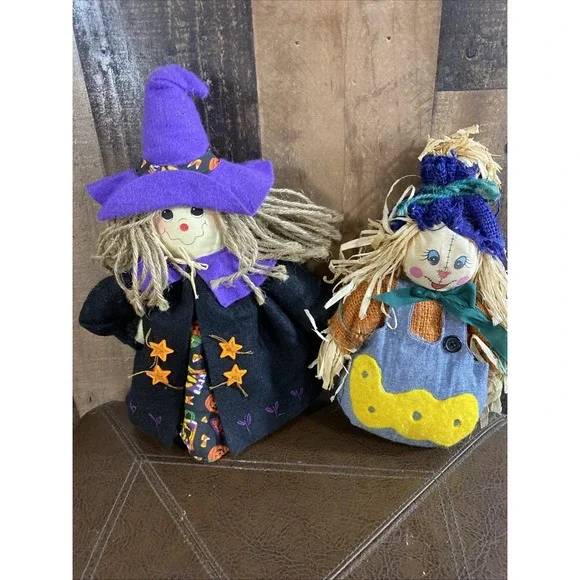 Raggedy Ann Style Halloween Cloth Witch Sandal Bottom & Scarecrow Plush Fall Vtg