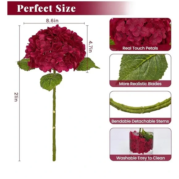 🌸NEW 5 Pieces Elegant Red Hydrangea Red Burgundy (Without Base).