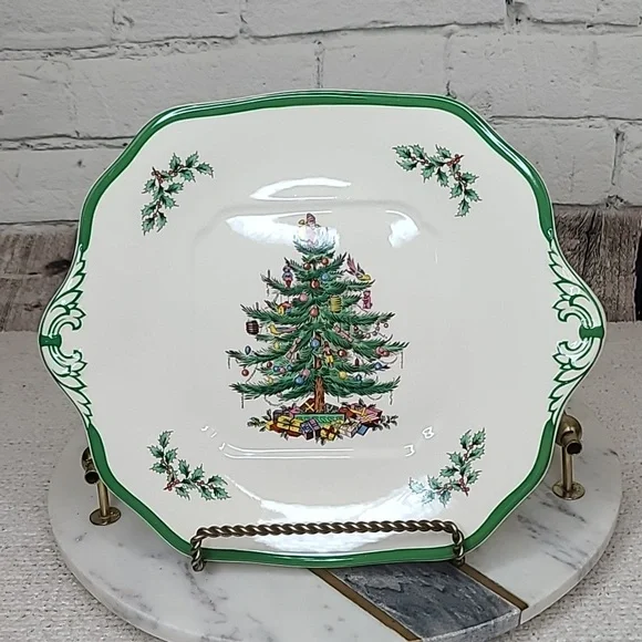 Spode Christmas Tree Vintage Collectible Ceramic Handled Square Cake Plate