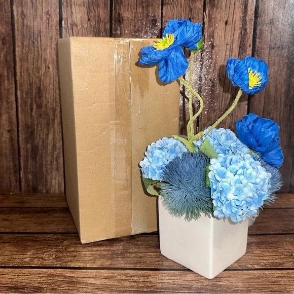 Blue Faux Flowers With Vase- New