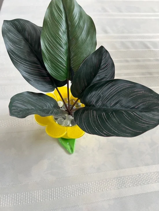 Artificial Plant with Striped Leaves in Yellow Ceramic Pot