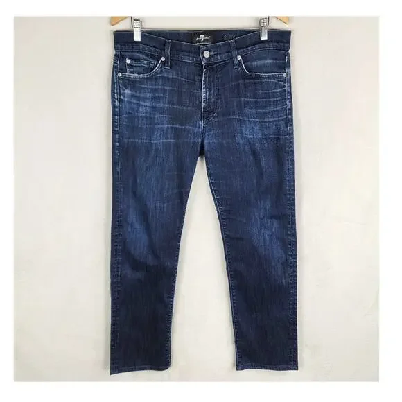7 For All Mankind Slimmy Slim Straight Jeans Men 33X30 Distressed Blue Denim USA