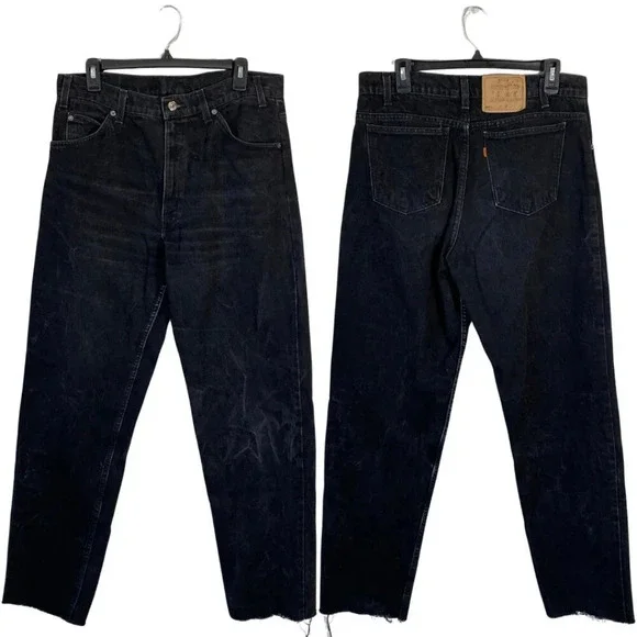 Vintage Levis 550 Orange Tab Denim Jeans Relaxed Fit Men's 34x32 Black Raw Hem