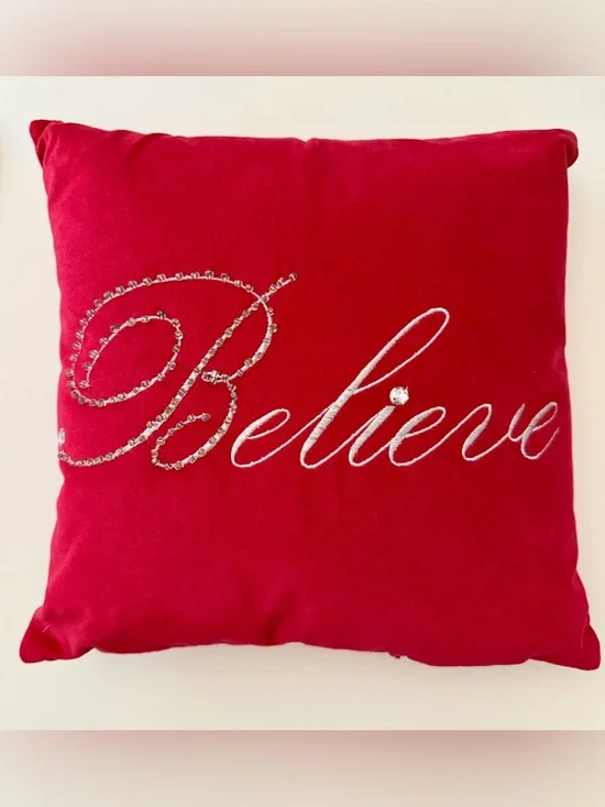 14x14 Red Bling Cursive Embroidered Believe Throw Decor Pillow