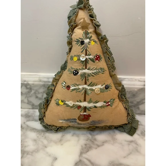 Primitive Hand-Painted Christmas Tree Pillow – Rustic Farmhouse Décor – 11x9