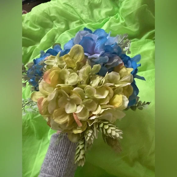 Wedding Bride Bridesmaid Bouquet Floral Leaves Silver Blue Green Peach Hydrangea
