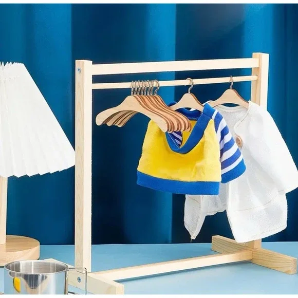 Birch Tone Wooden Rack For Labubu Clothes / Clothing & 10 Hangers: Easy Assembly