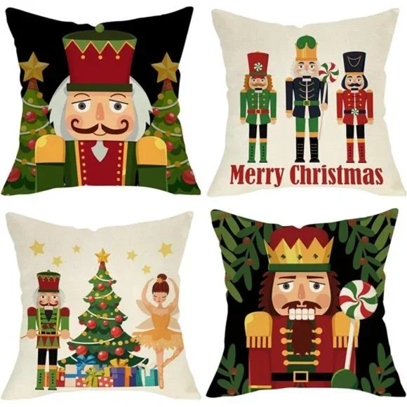 Christmas Pillow Covers Nutcracker Decoration Set Of 4 Accent Holiday Xmas Decor