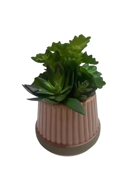 Artificial Succulent Arrangement In Ribbed Ceramic Pink Pot Decorative Greenery