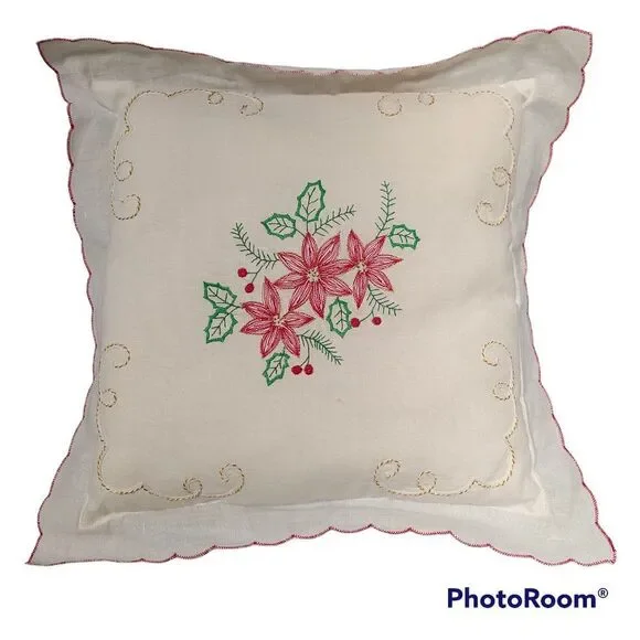 Christmas Poinsettia Embroidered Throw Pillow Gold Cord Scalloped Ruffle Vintage