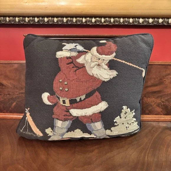 Vintage Golfing Santa Tapestry Pillow Christmas Decor 11x11‎ Holiday