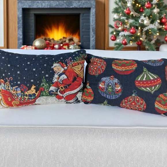 2 Tapestry Christmas Double Sided Reversible Throw Pillows Santa Ornaments Sofa