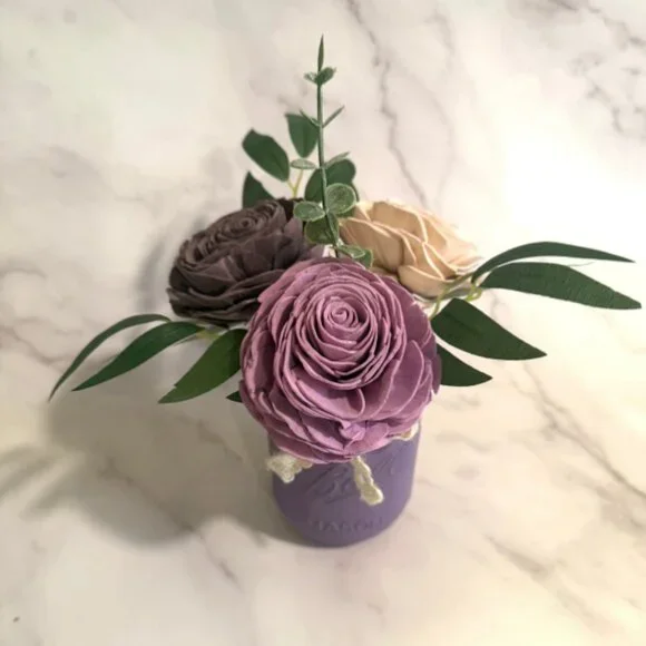 Sola Wood Flower Cream Plum Rose Arrangement in Lavender Mason Jar, Home Decor
