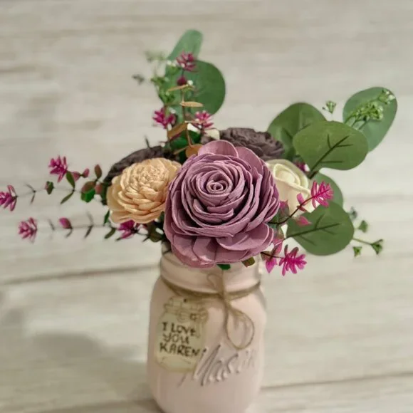 Sola Wood Floral Arrangement in Hand-Painted Personalized Mason Jar
