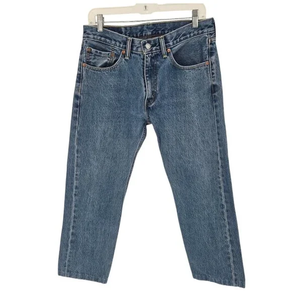 Levis 505 mens size 32x30 on tag hemmed to 27 medium wash blue denim jeans