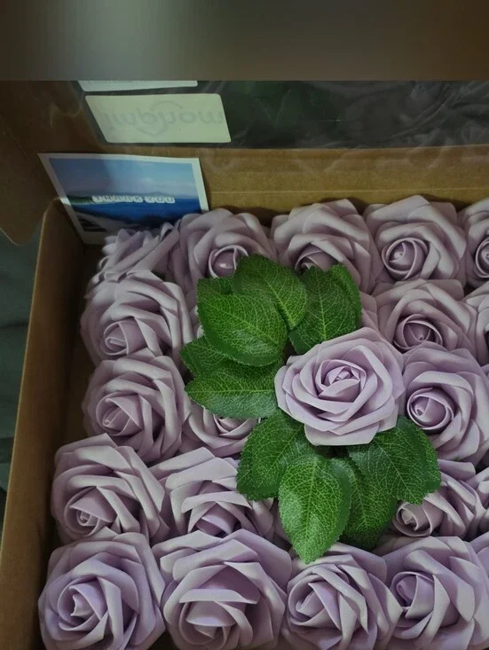 Lavender Foam Rose Bundle with Green Leaves - Faux Floral Accent