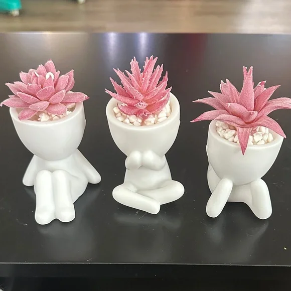 Set of 3 White Planters with Pink faux Succulent about 5 in tall