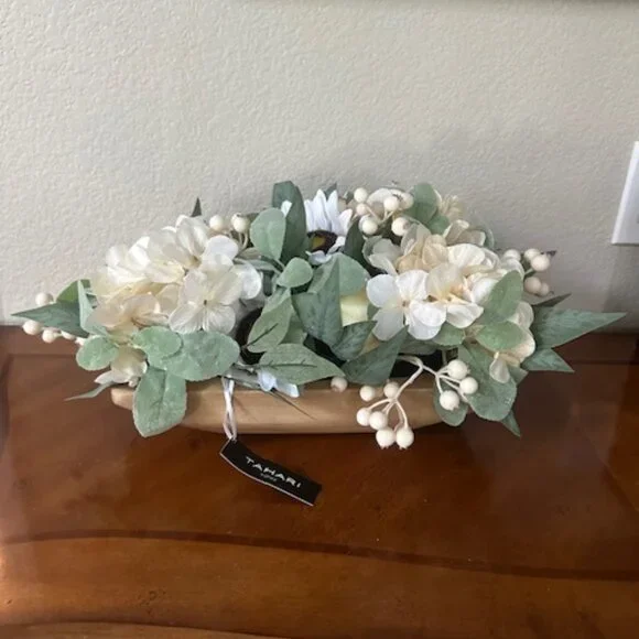 NWT Tahari Home Flower Arrangement in Natural Wood Container-Warm Neutral Colors