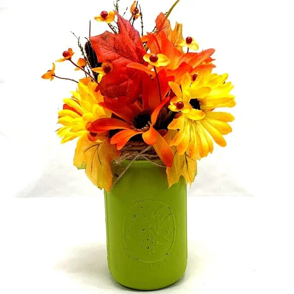 Fall Floral Arrangement Artificial Flowers Autumn Sunflowers Green Ball Jar Vase