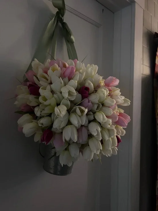 Artificial Tulip Floral Hanging Bouquet - White & Pink