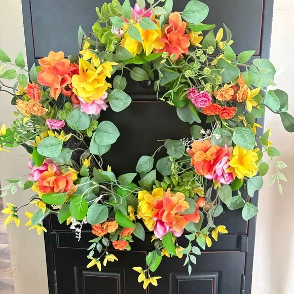 Decorative wreath, round, faux flowers, ready to hang