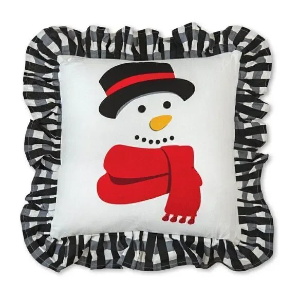 Christmas Snowman Buffalo Plaid Ruffled Large Throw Pillow Festive Farmhouse