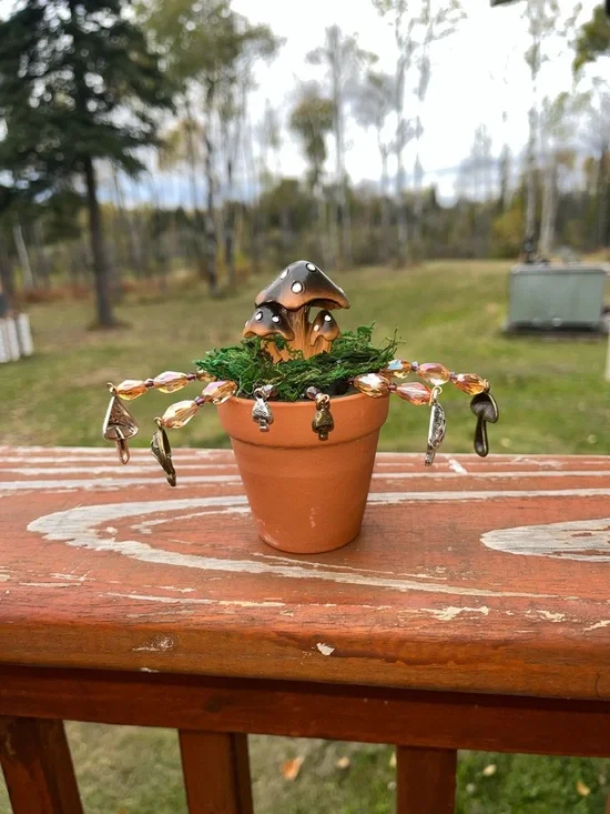 Handmade Terracotta Mushroom Pot with Beaded Charm Garland