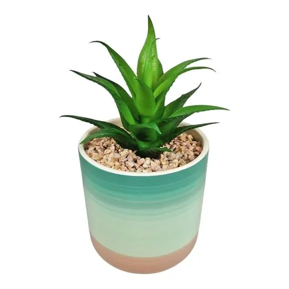 Artificial Succulent Potted Houseplant Teal Blue White Peach Tone Ceramic Rocks