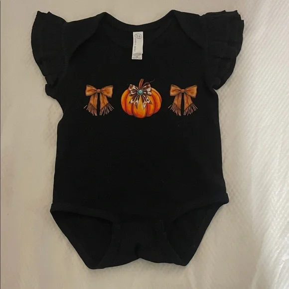 Rabbit Skins Black Bodysuit with Pumpkin and Bow Design