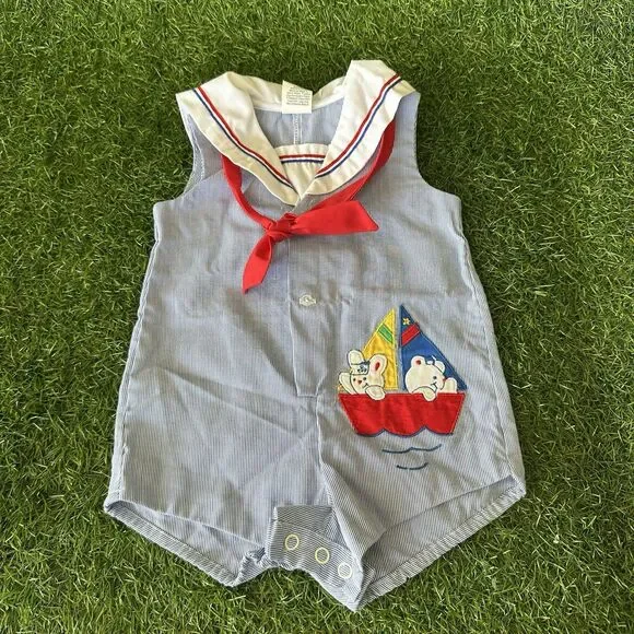 Vtg‎ 80s Sailor Romper Outfit Infant Size 6-9 Months Blue White Stripe Bear Boat