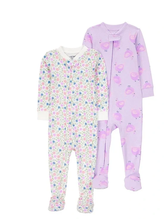 Carter's Lavender Bird & Floral Footed Sleepers - Purple, Pink, White