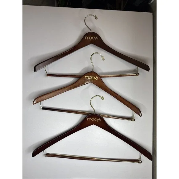 Lot of 3 VTG Macy's Wooden Hangers Brown for Pants Suit Jacket Suits Shirt Coat