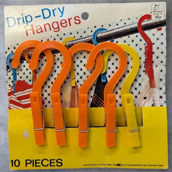 Vintage Drip-Dry‎ Hangers Set of 5 Orange Plastic Clips Kmart Tag Retro 1970s