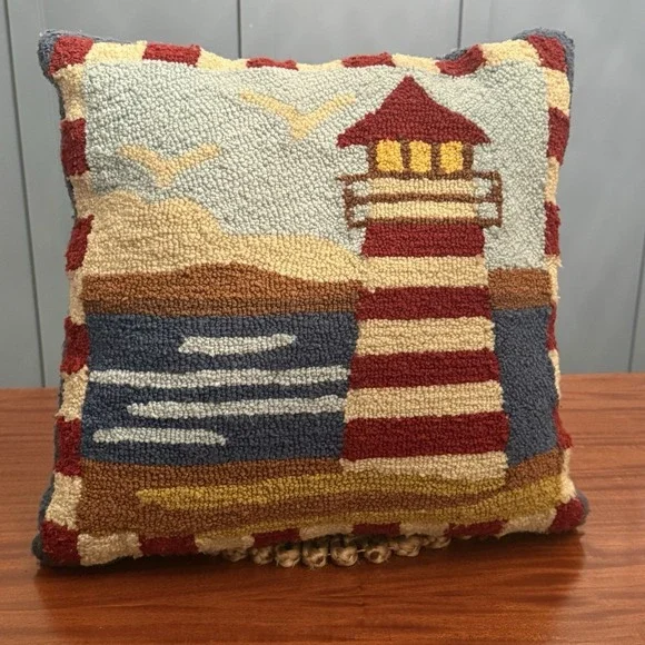 Hand-Hooked Wool Blend Lighthouse Throw Pillow | Coastal Nautical Americana 17