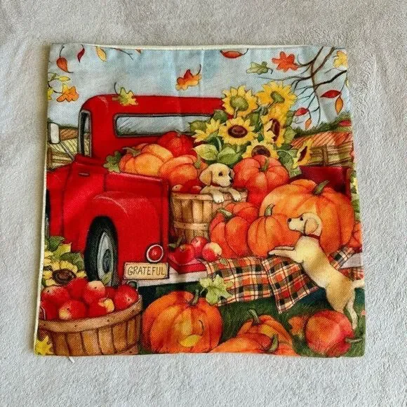 Akasia Design Fall Square Throw Pillow Cover “Red Truck w/ apples and Pumpkins”