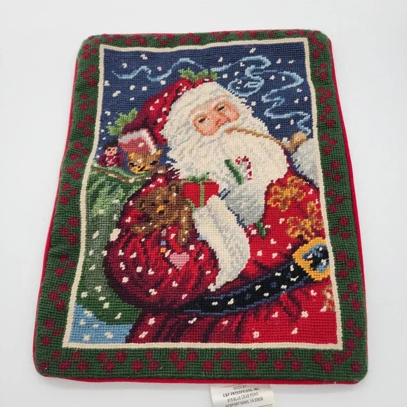 Vintage Needlepoint Christmas Pillow Cover Santa Holding Puppy Velvet Back 15x12
