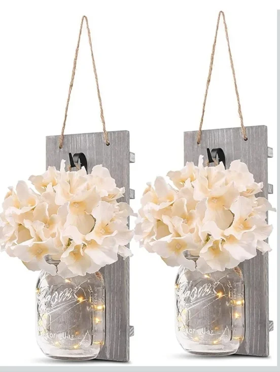 Rustic Cream Floral Mason Jar Wall Sconce with Twine Hanger (Set of 2)